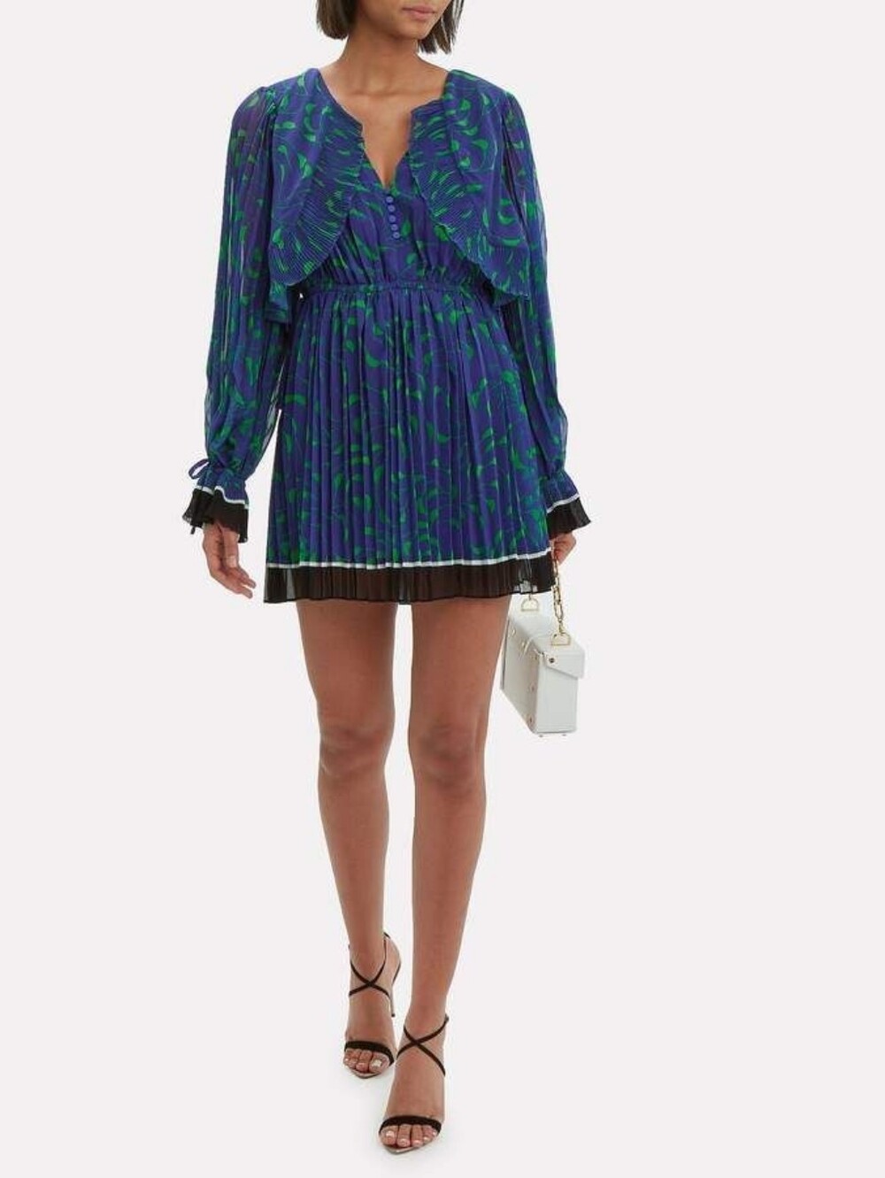 Self Portrait Crescent Chiffon Pleated Cape Dress Blue Green Mini Sz 4 Cocktail - Picture 3 of 15